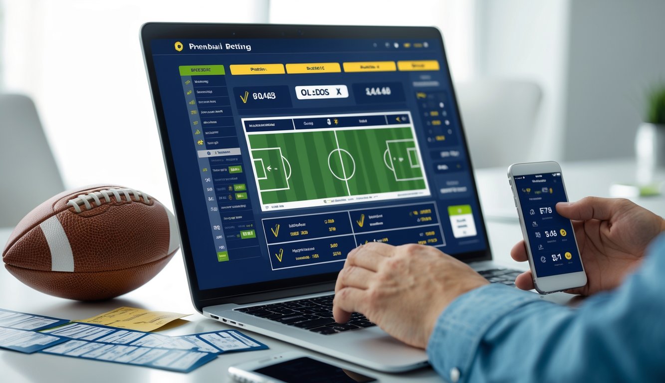 Seorang pengguna sedang menggunakan laptop dengan tampilan taruhan bola online, di meja terdapat bola sepak dan ponsel yang menampilkan skor pertandingan.