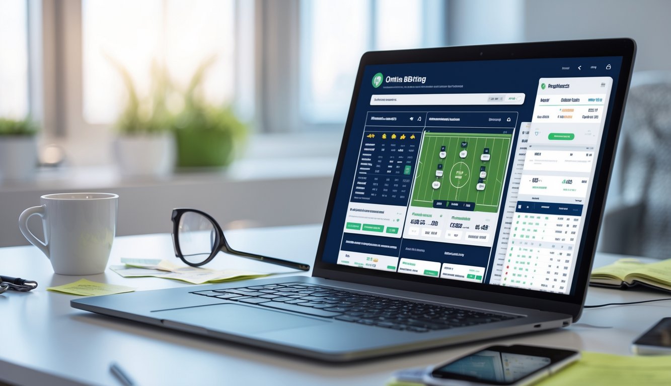 Seorang pria sedang menggunakan laptop dan ponsel di meja kerja untuk membandingkan situs taruhan bola online dengan latar belakang kantor yang terang.