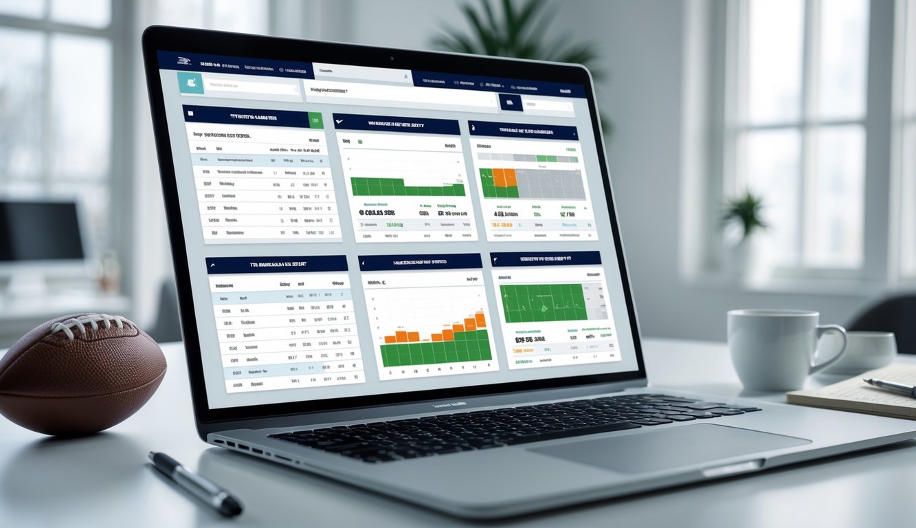 Seorang pria sedang melihat layar komputer yang menampilkan tabel dan grafik peluang taruhan bola online di ruang kerja yang rapi.