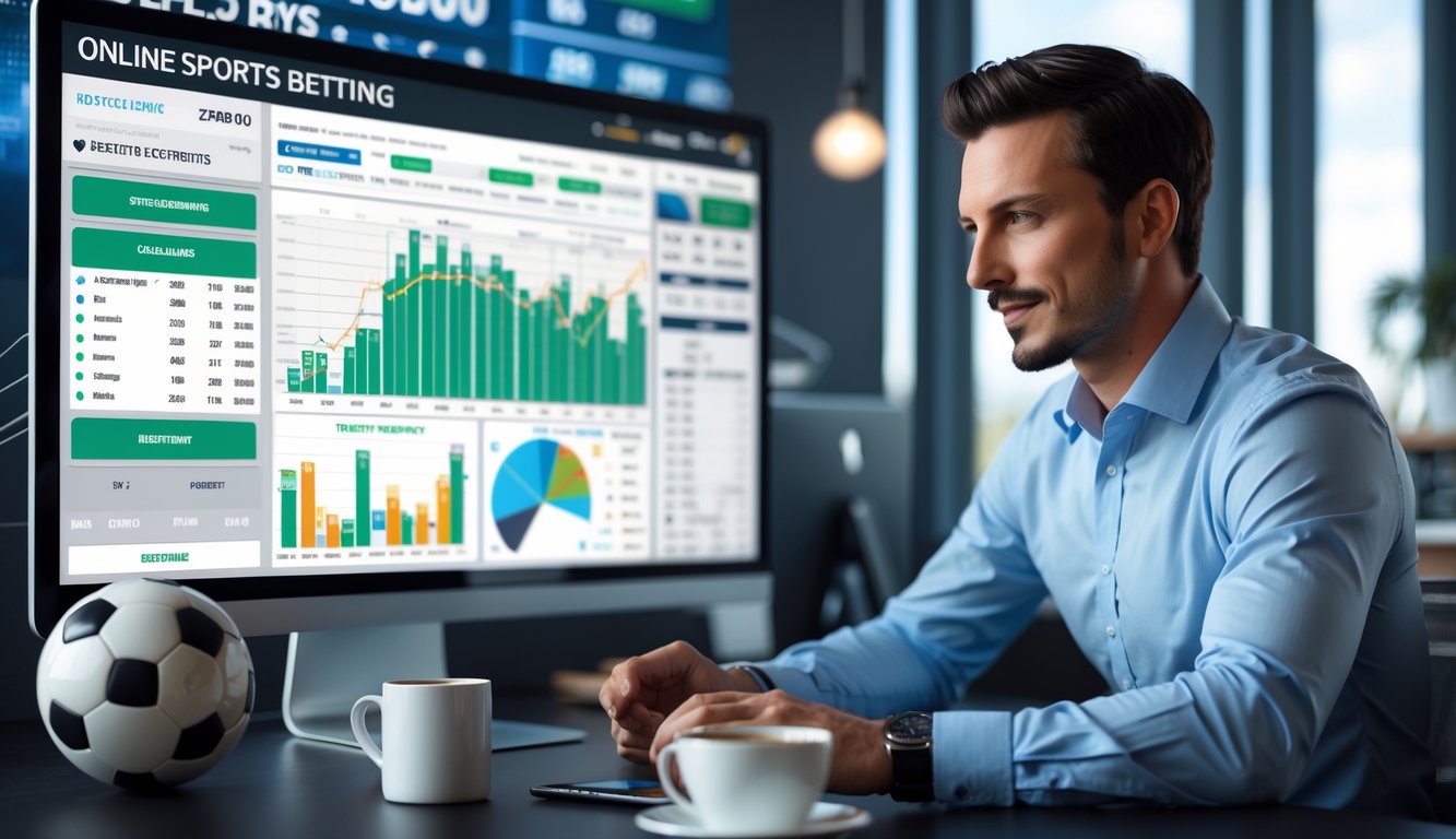 Seorang pria sedang menganalisis data taruhan bola online di depan layar komputer di kantor modern.