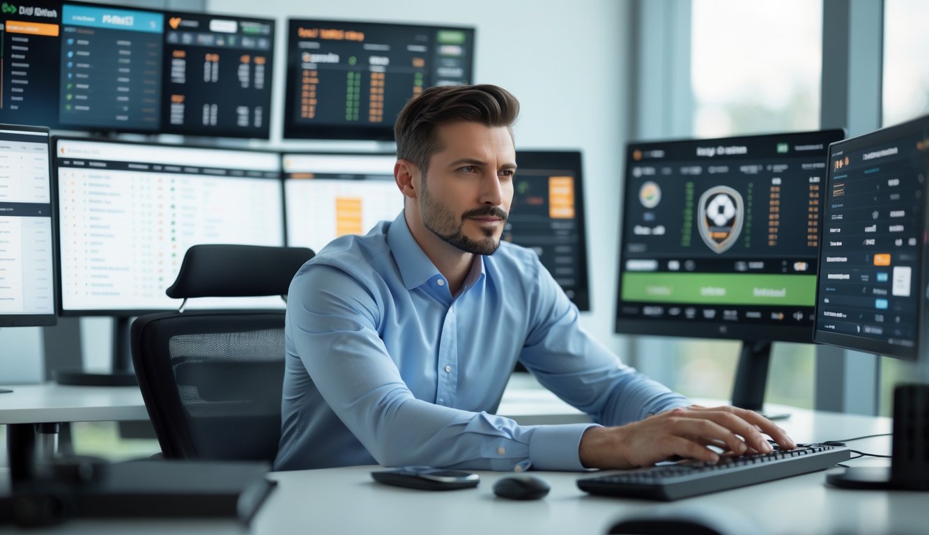 Seorang pria duduk di meja dengan beberapa layar komputer yang menampilkan pertandingan sepak bola dan data taruhan, terlihat fokus menganalisis informasi dalam suasana kantor modern.