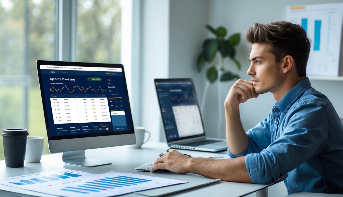 Seorang pria muda duduk di meja kerja dengan laptop dan catatan, fokus menganalisis data taruhan bola online.