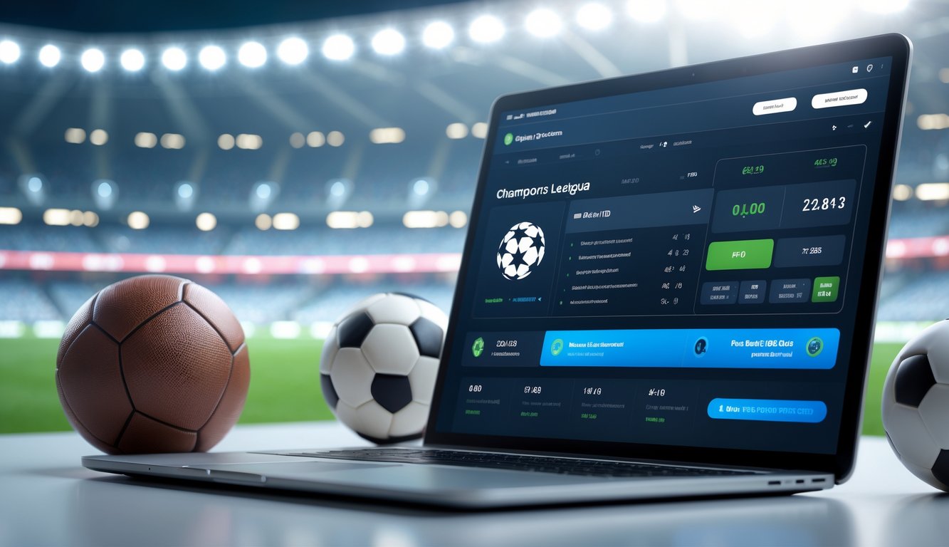 Sebuah laptop atau ponsel menampilkan antarmuka taruhan sepak bola online dengan latar stadion dan bola sepak bola di sekitarnya.