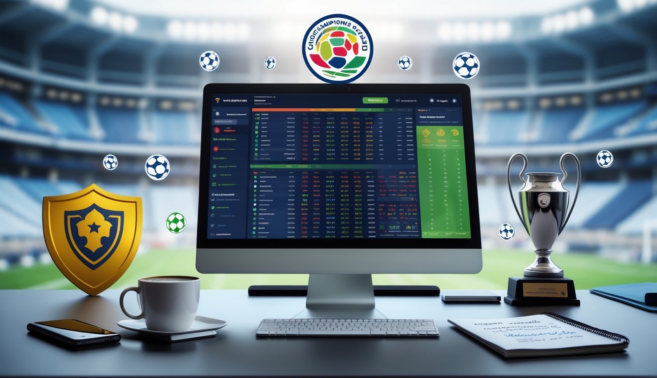 Seorang pria bekerja di depan komputer dengan layar menampilkan statistik dan peluang taruhan sepak bola, di meja terdapat kopi dan ponsel dengan skor pertandingan sepak bola langsung.
