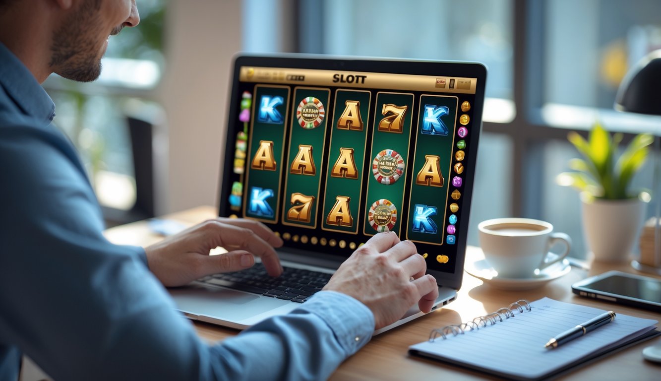 Seseorang menggunakan laptop di meja kerja dengan tampilan permainan slot online di layar.