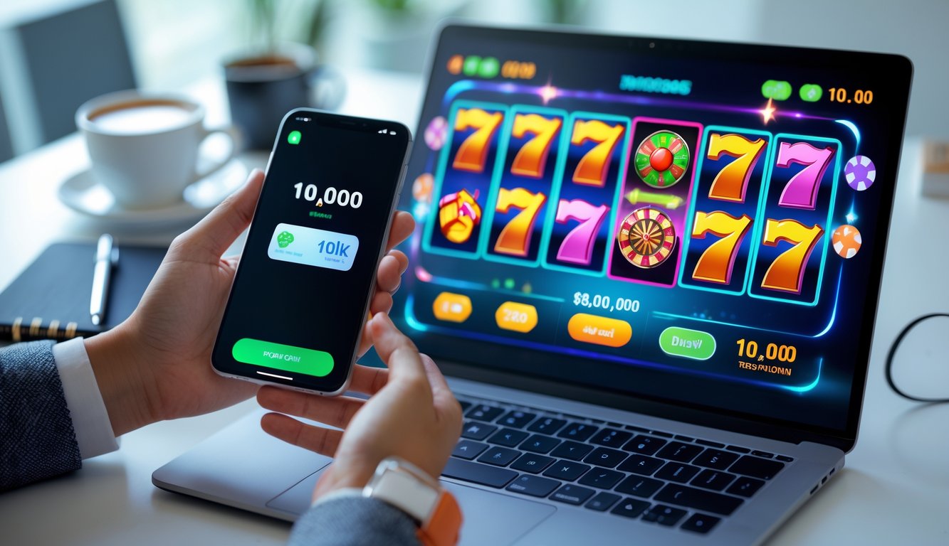 Seorang pengguna bermain mesin slot online di laptop dengan ponsel yang menampilkan aplikasi pembayaran dan saldo 10 ribu rupiah di meja kerja yang rapi.