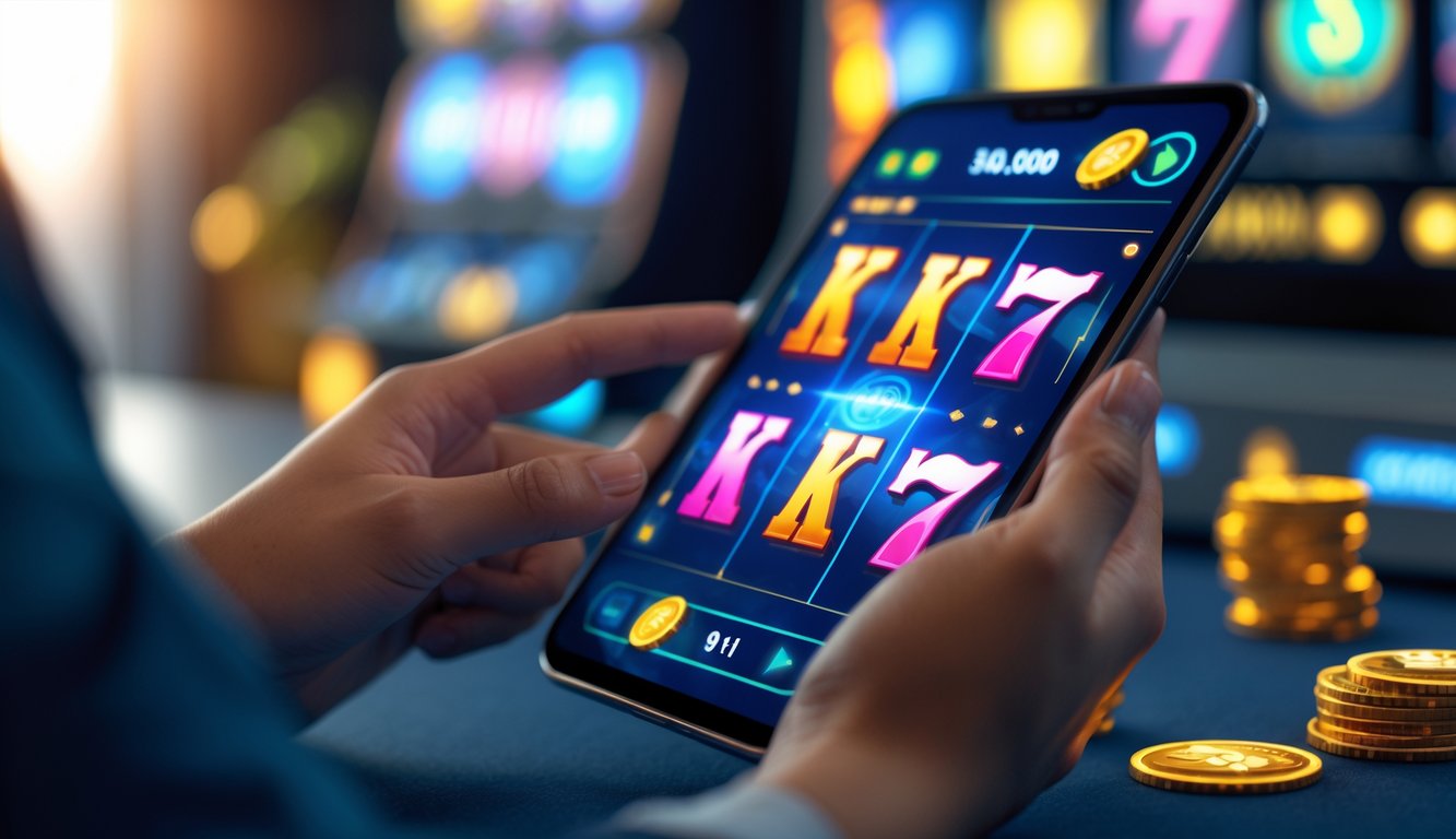 Seseorang menggunakan ponsel dengan permainan slot online berwarna-warni di layar dalam ruangan yang nyaman.