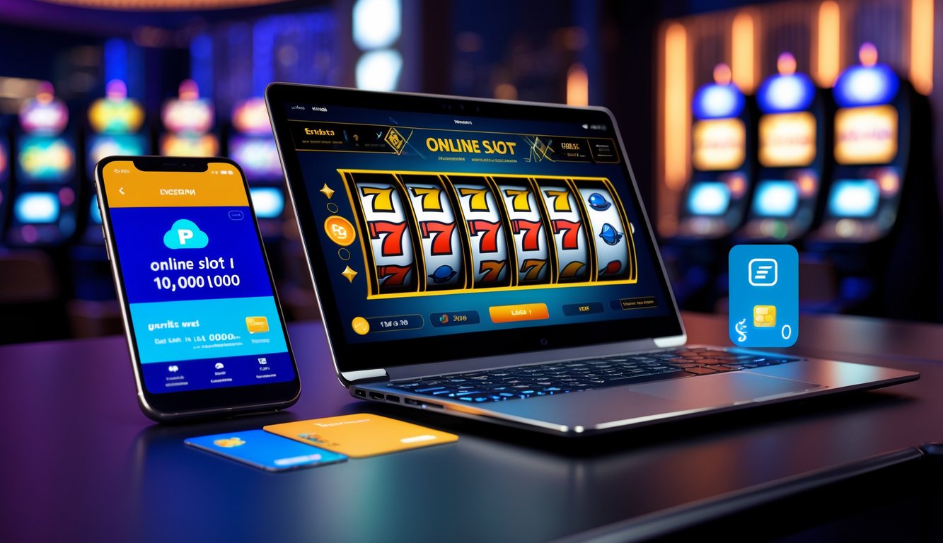 Seorang pengguna duduk di depan laptop dengan layar menampilkan permainan slot online, di meja terdapat ponsel dan kartu kredit, suasana ruangan terlihat modern dan terang.