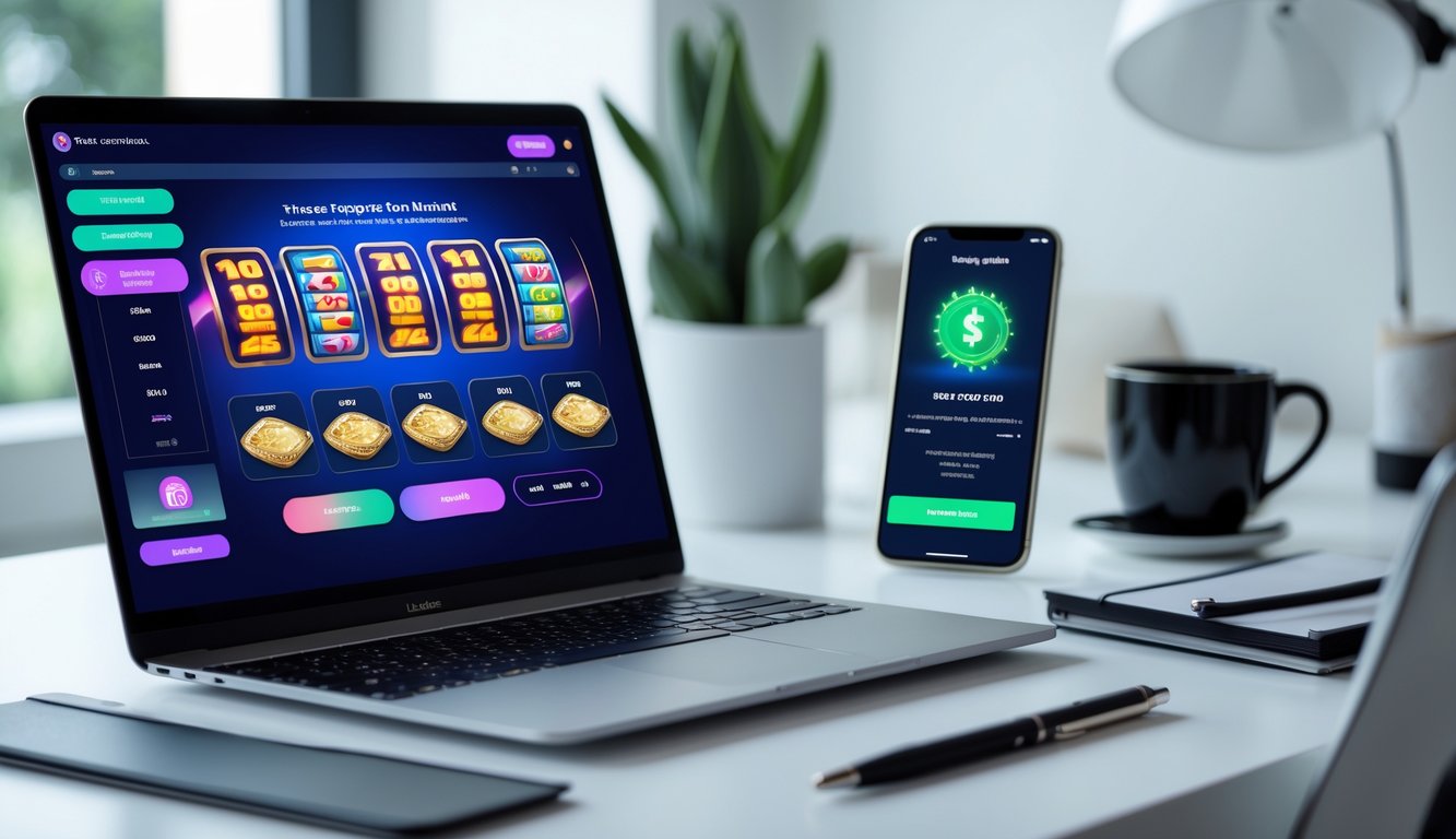 Seorang pengguna sedang bermain slot online di laptop dengan layar menampilkan permainan slot berwarna-warni dan ponsel yang menunjukkan konfirmasi deposit aman di meja kerja yang rapi.