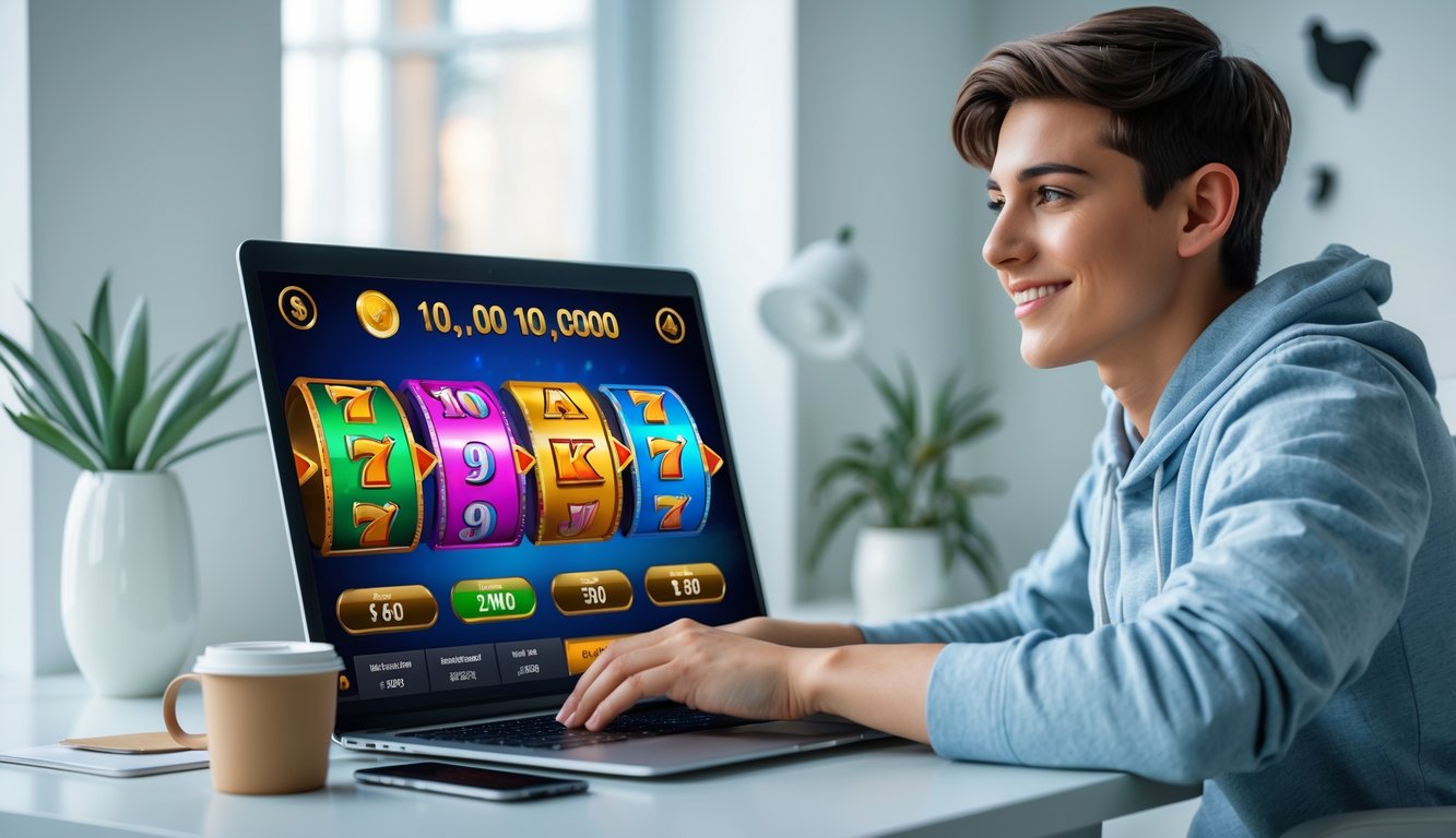 Seorang dewasa muda duduk di meja dengan laptop yang menampilkan permainan slot online berwarna-warni, di ruang kerja yang rapi dan terang.