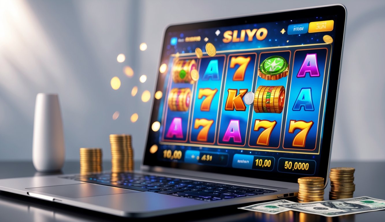 Seorang pengguna melihat layar perangkat yang menampilkan permainan slot online dengan simbol berwarna-warni dan uang digital di sekitar perangkat.
