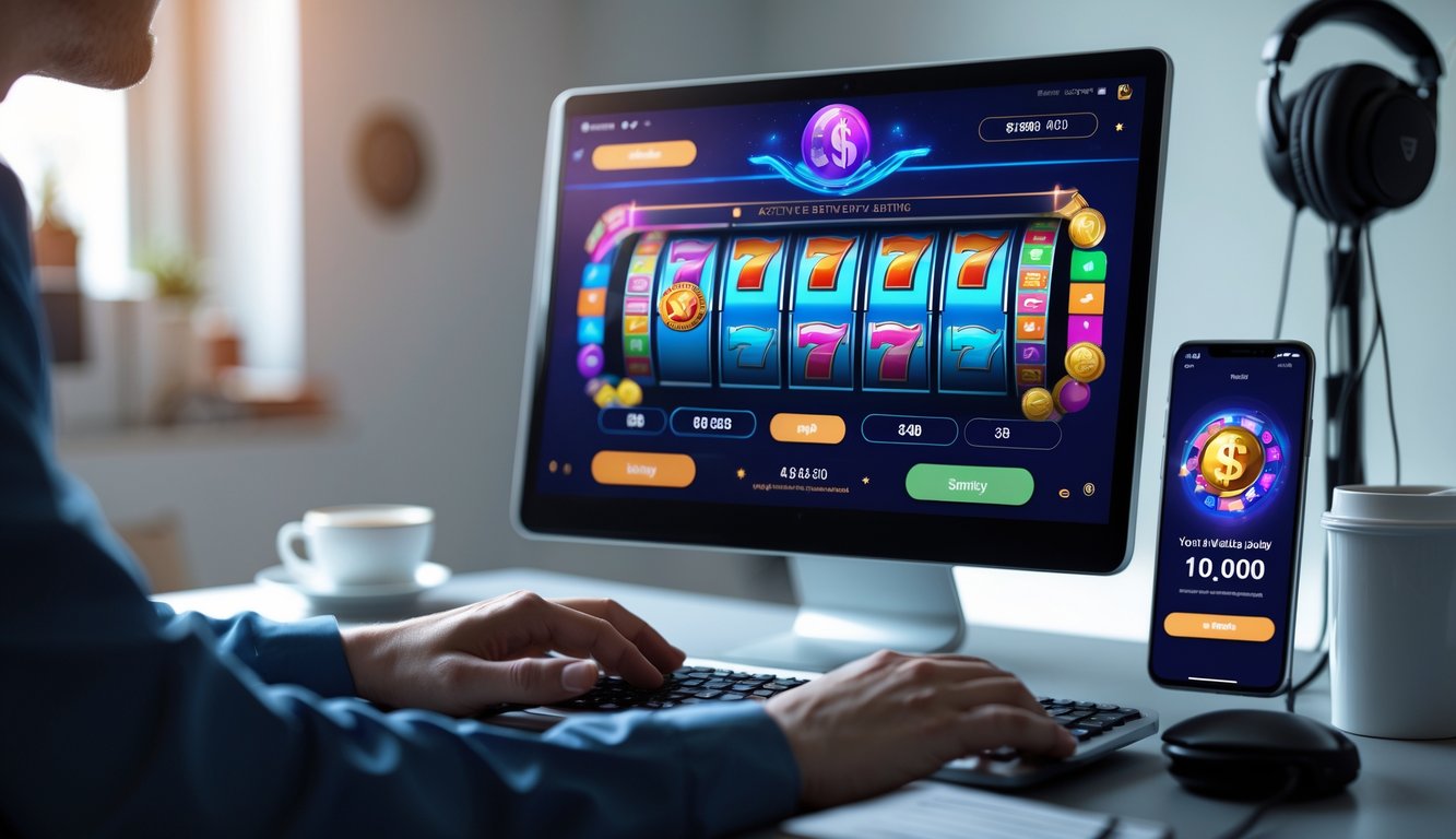 Seseorang bermain permainan slot online di komputer dengan tampilan layar yang berwarna-warni, di meja terdapat ponsel yang menunjukkan aplikasi pembayaran, di ruang kerja yang nyaman.