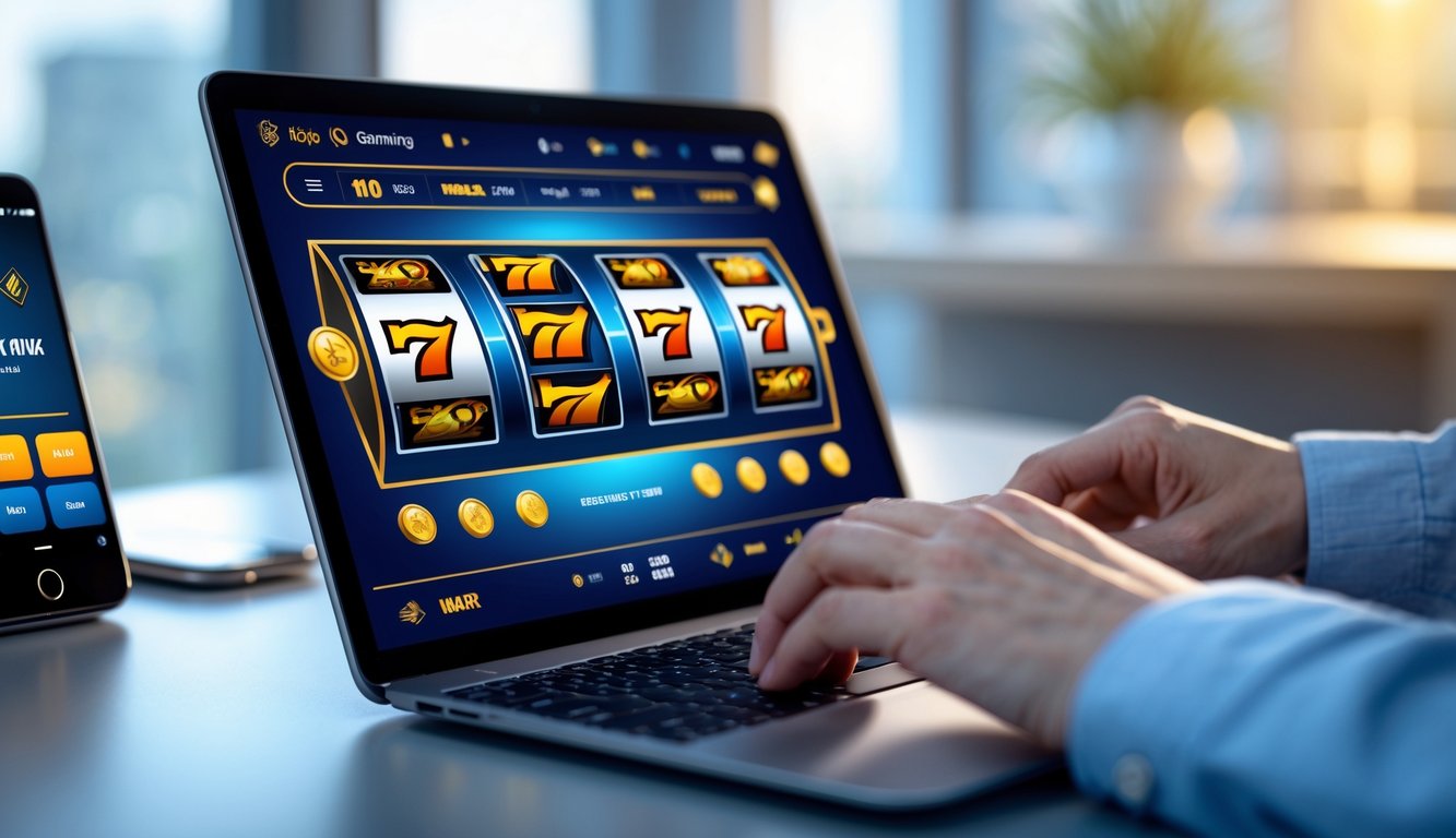 Seseorang menggunakan laptop untuk bermain permainan slot online dengan suasana kerja yang rapi dan modern.