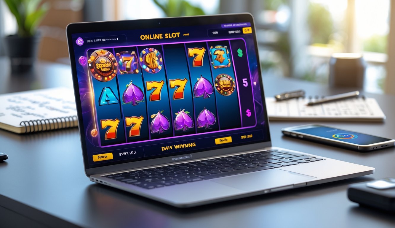 Seorang pengguna sedang duduk di meja kerja dengan laptop yang menampilkan permainan slot online dan ponsel dengan aplikasi dompet digital, dikelilingi alat tulis dan suasana terorganisir.