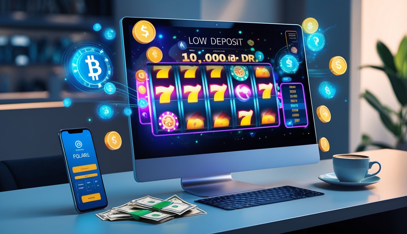 Seorang pengguna sedang bermain slot online di laptop dengan layar menampilkan mesin slot berwarna cerah, di meja terdapat smartphone dengan aplikasi pembayaran dan uang rupiah.
