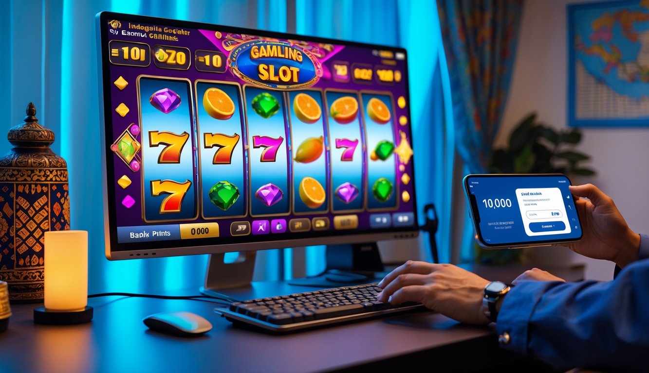 Seorang pengguna sedang bermain slot online di komputer dan melakukan deposit melalui ponsel di ruangan dengan dekorasi khas Indonesia.