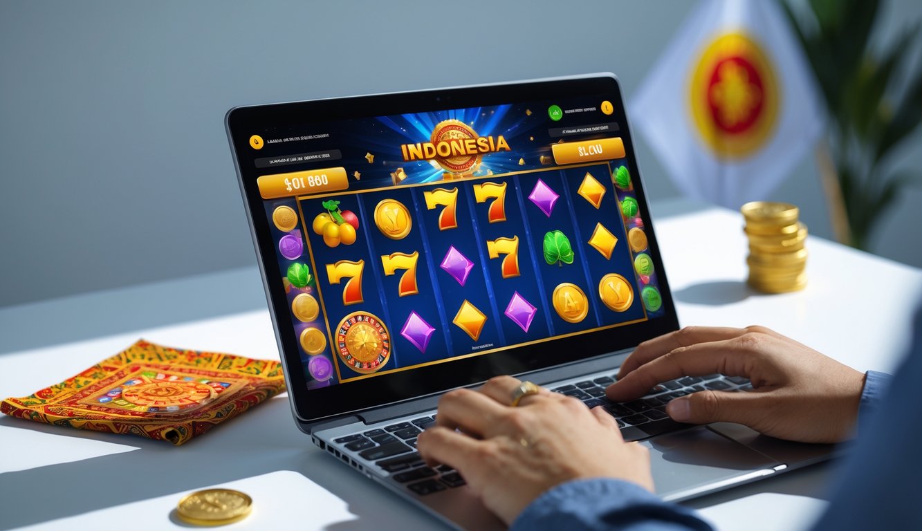 Seseorang sedang bermain permainan slot online di perangkat digital dengan latar belakang yang menunjukkan elemen budaya Indonesia.