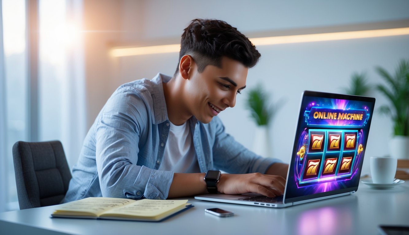 Seorang dewasa muda duduk di meja modern sambil fokus melihat layar laptop yang menampilkan permainan slot online, dengan suasana ruangan yang nyaman dan peralatan kerja di sekitarnya.
