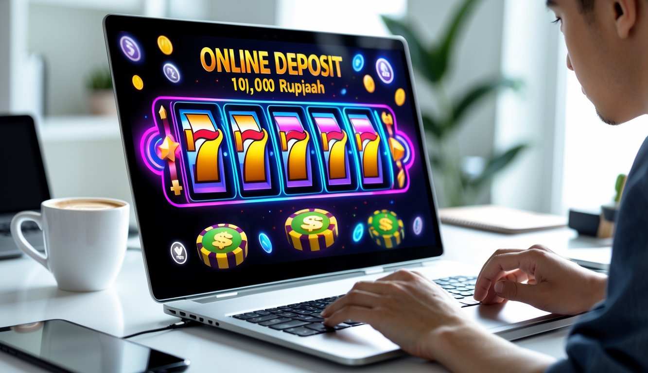 Seseorang menggunakan laptop dengan permainan slot online yang berwarna-warni di layar, di ruang kerja yang rapi dan terang.