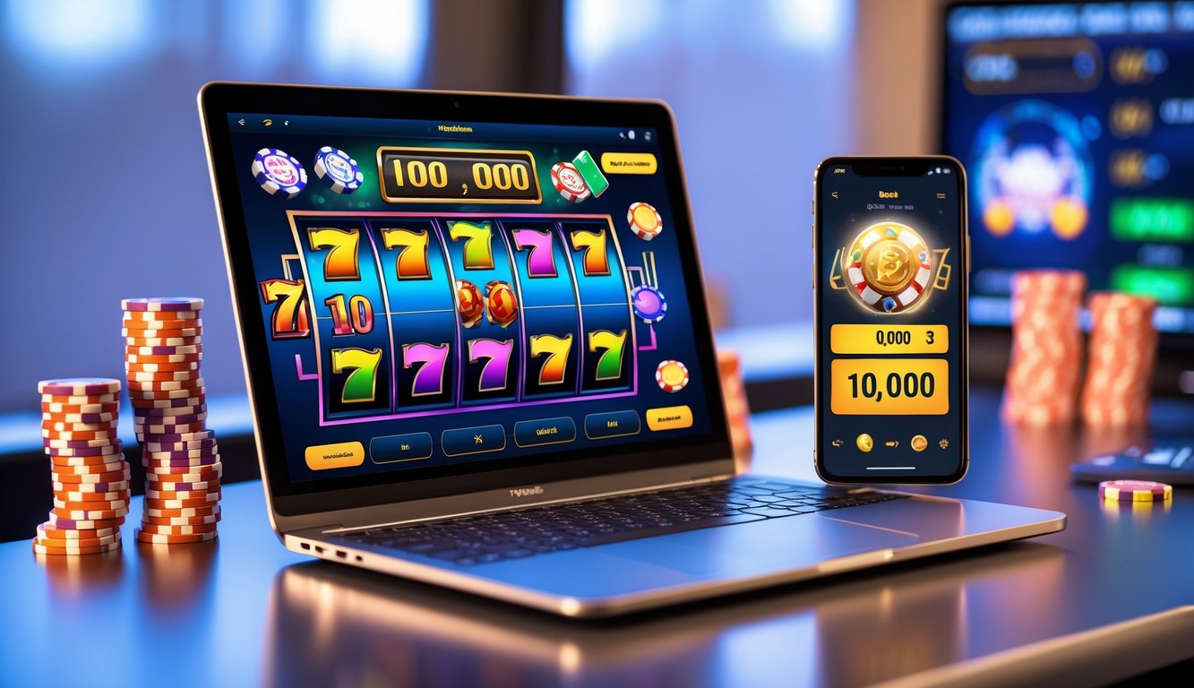 Meja kerja dengan laptop menampilkan permainan slot online dan ponsel dengan aplikasi dompet digital menunjukkan saldo deposit.