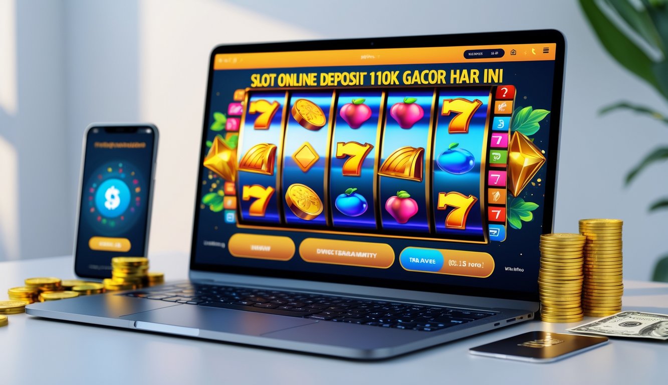 Seorang pengguna komputer dengan layar menampilkan permainan slot online berwarna-warni dan simbol keberuntungan, dikelilingi oleh perangkat digital dan elemen transaksi keuangan.