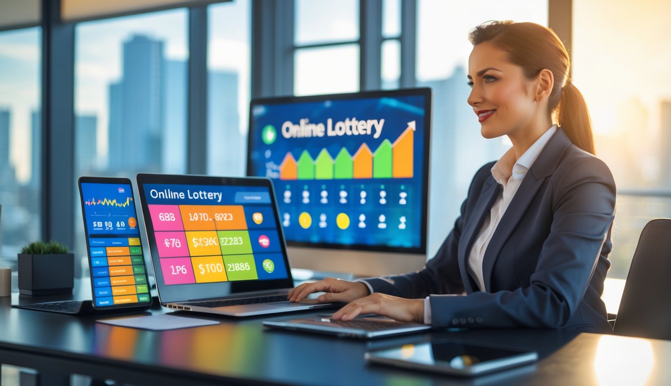 Seorang profesional duduk di meja kerja modern dengan laptop dan tablet yang menampilkan grafik dan angka terkait lotere online, di ruangan kantor dengan jendela besar dan pemandangan kota di latar belakang.