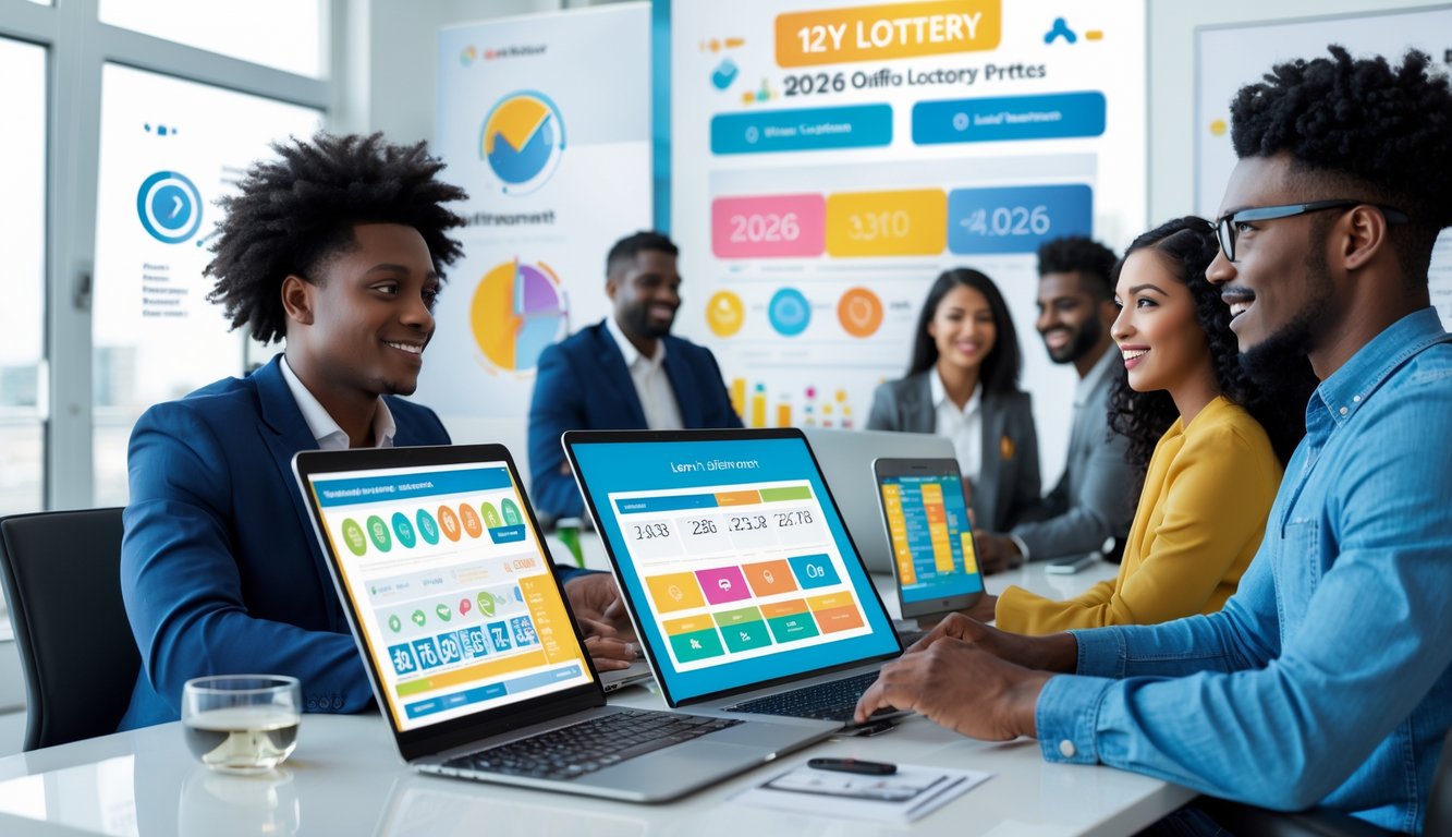 Sekelompok orang menggunakan perangkat digital di kantor modern dengan tampilan antarmuka lotere online yang berwarna-warni dan elemen simbol keamanan di latar belakang.