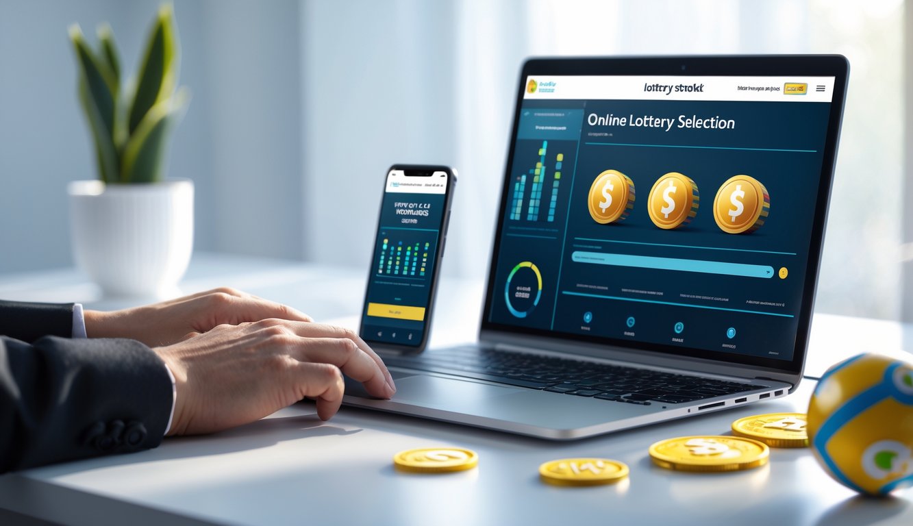 Seseorang menggunakan laptop dan ponsel di meja kerja dengan elemen-elemen yang menggambarkan permainan togel dan hadiah besar.