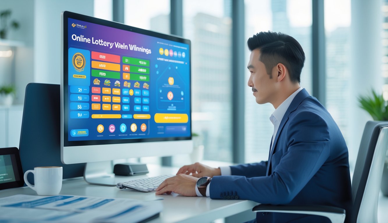 Seorang pria Asia Tenggara duduk di meja kantor modern, melihat layar komputer dengan grafik dan angka terkait togel online.