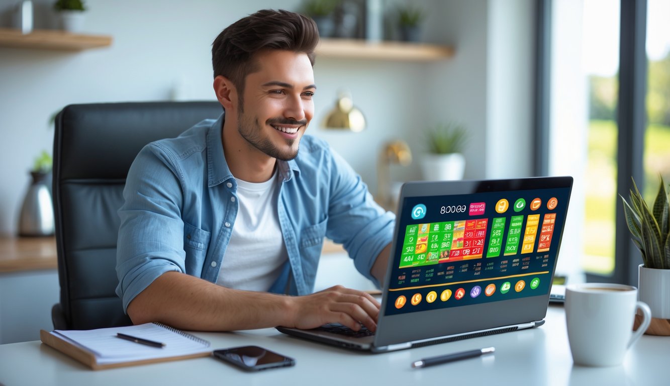 Seorang pria muda duduk di meja dengan laptop, tersenyum melihat layar yang menampilkan grafik dan angka, di ruang kerja rumah yang terang dan rapi.