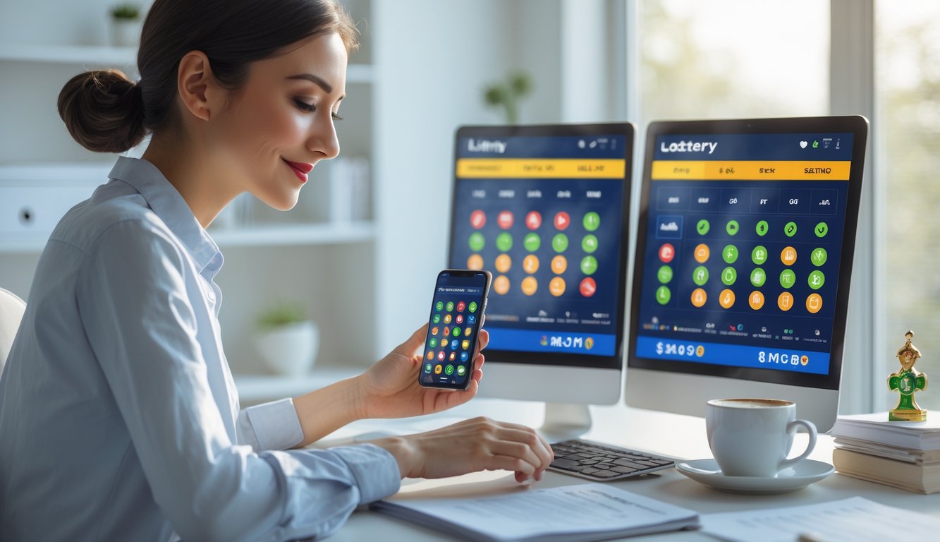 Seseorang sedang menggunakan laptop dan ponsel di ruang kerja rumah yang rapi dan terang.