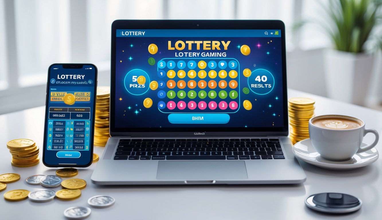 Seseorang menggunakan laptop dengan tampilan permainan lotere online di meja kerja yang rapi, dikelilingi oleh ponsel dan koin digital.
