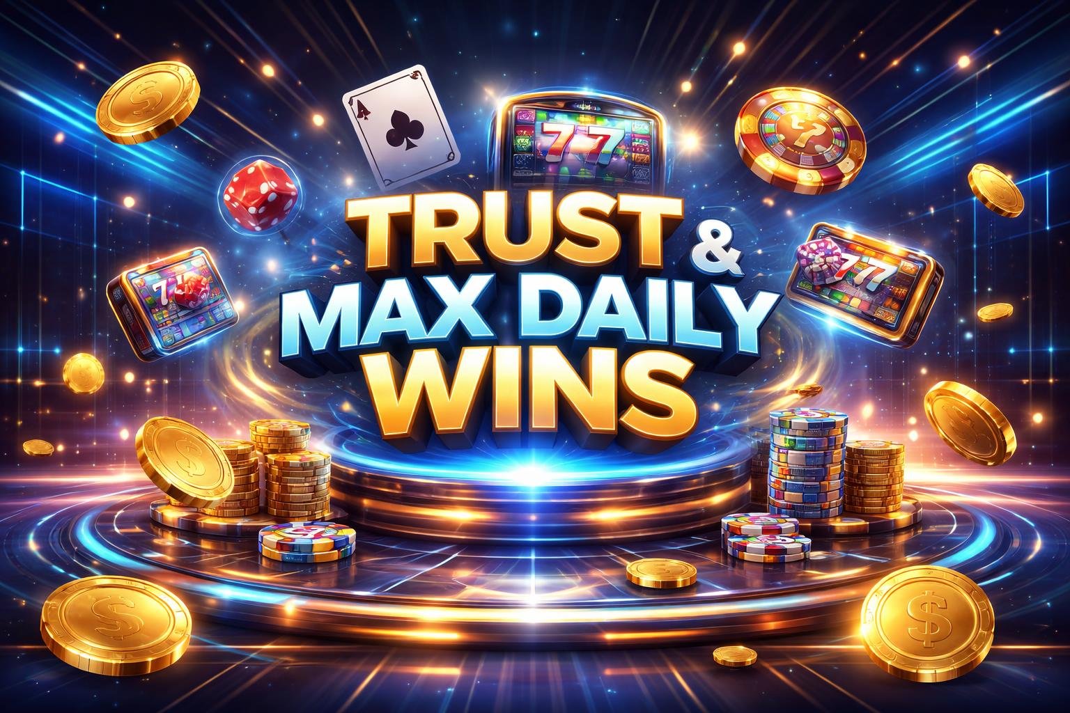 Suasana platform permainan daring dengan ikon permainan mengambang dan koin emas yang berjatuhan di ruang virtual futuristik.