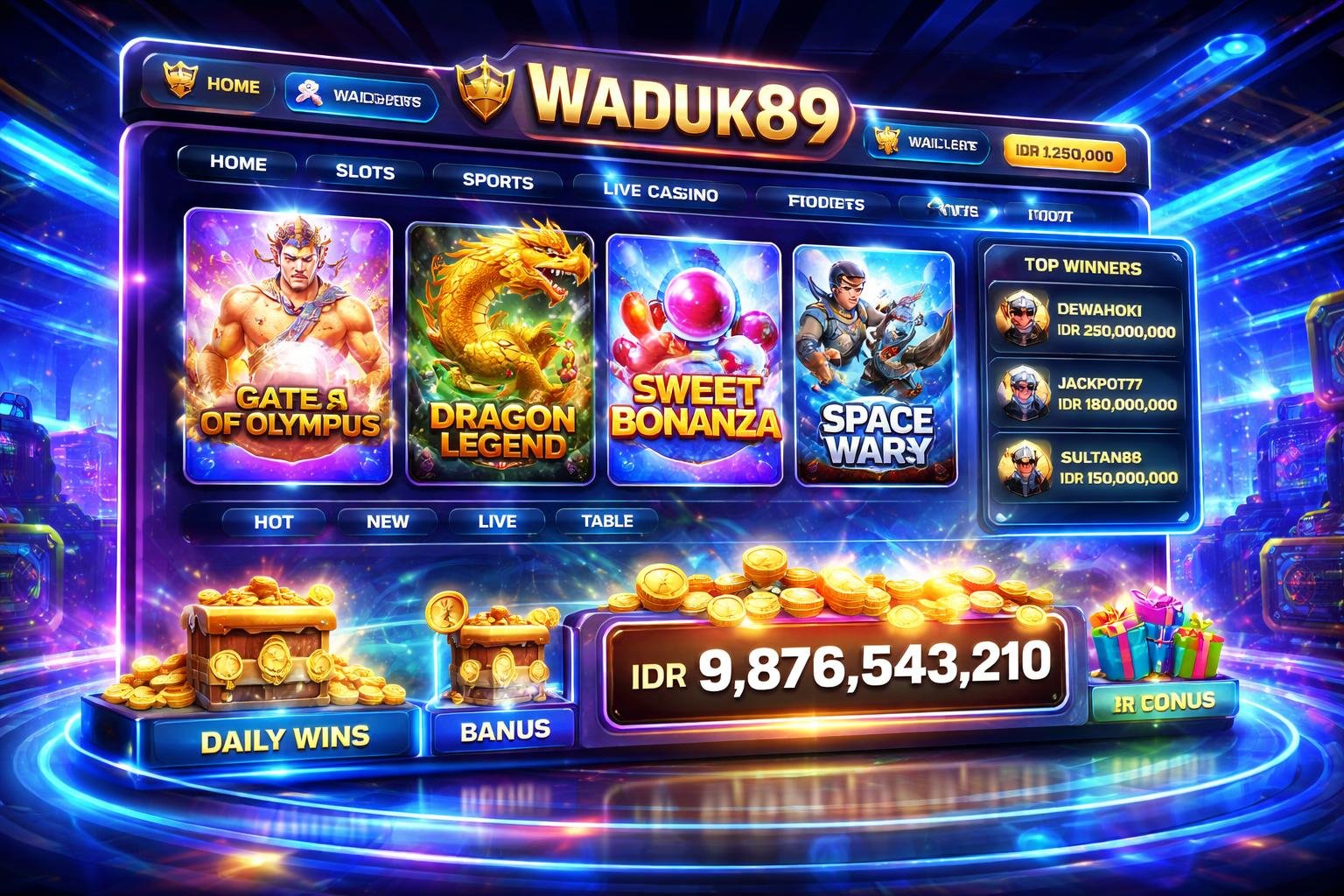 Tampilan antarmuka platform game online dengan layar-layar menampilkan permainan dan papan peringkat dalam lingkungan digital futuristik.