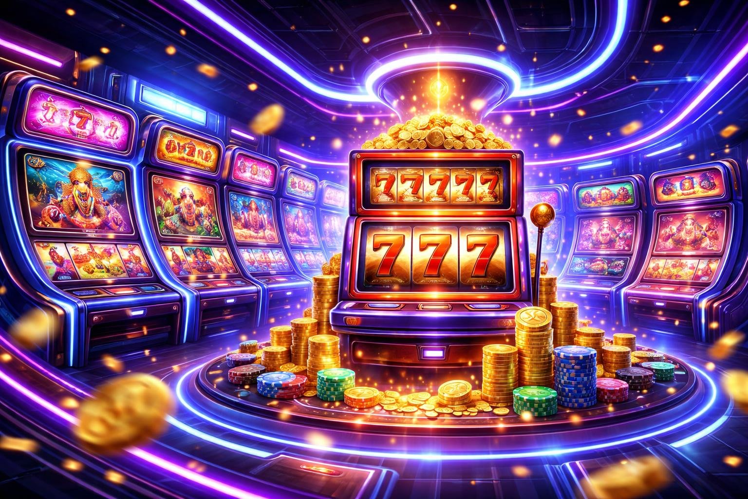 Tampilan 3D sebuah pusat permainan digital dengan layar berwarna cerah dan mesin slot yang menyala, menggambarkan suasana kemenangan dan keseruan bermain game online.