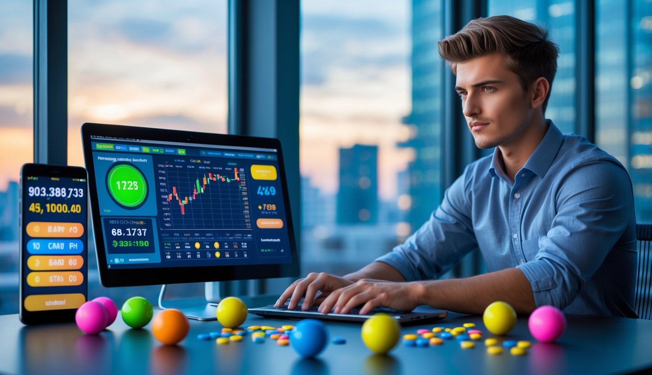 Seorang pria muda duduk di meja modern dengan laptop dan bola lotere di sekitarnya, fokus pada layar yang menampilkan data dan angka, dengan latar belakang pemandangan kota.