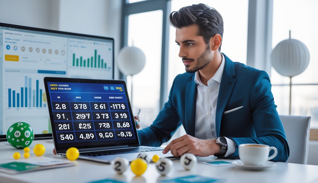 Seseorang sedang menggunakan laptop di meja kerja dengan bola lotere dan grafik di sekitarnya, fokus pada strategi menang dalam permainan togel online.