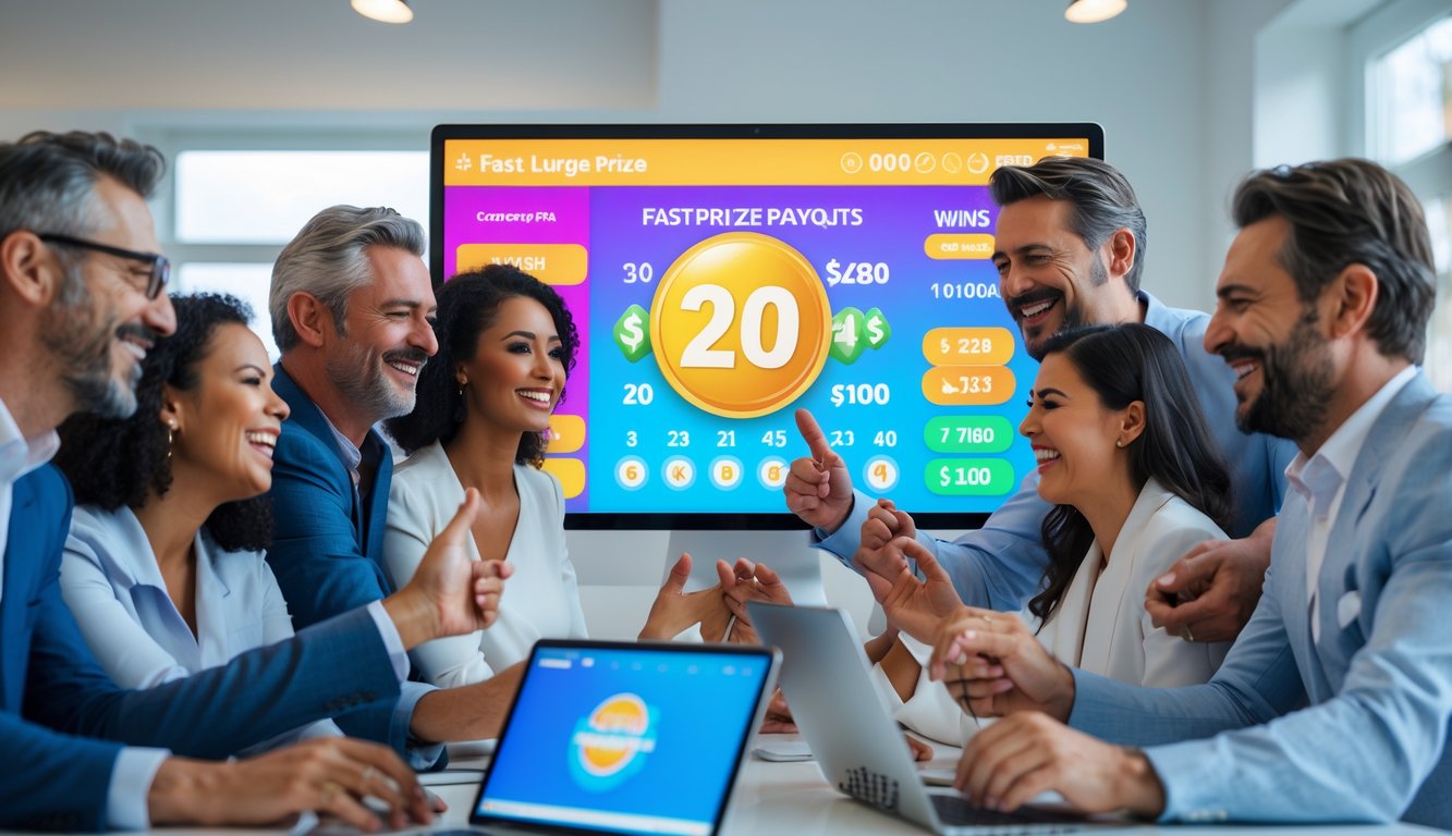 Sekelompok orang bahagia berkumpul di sekitar layar digital menampilkan angka lotere dalam ruangan modern.
