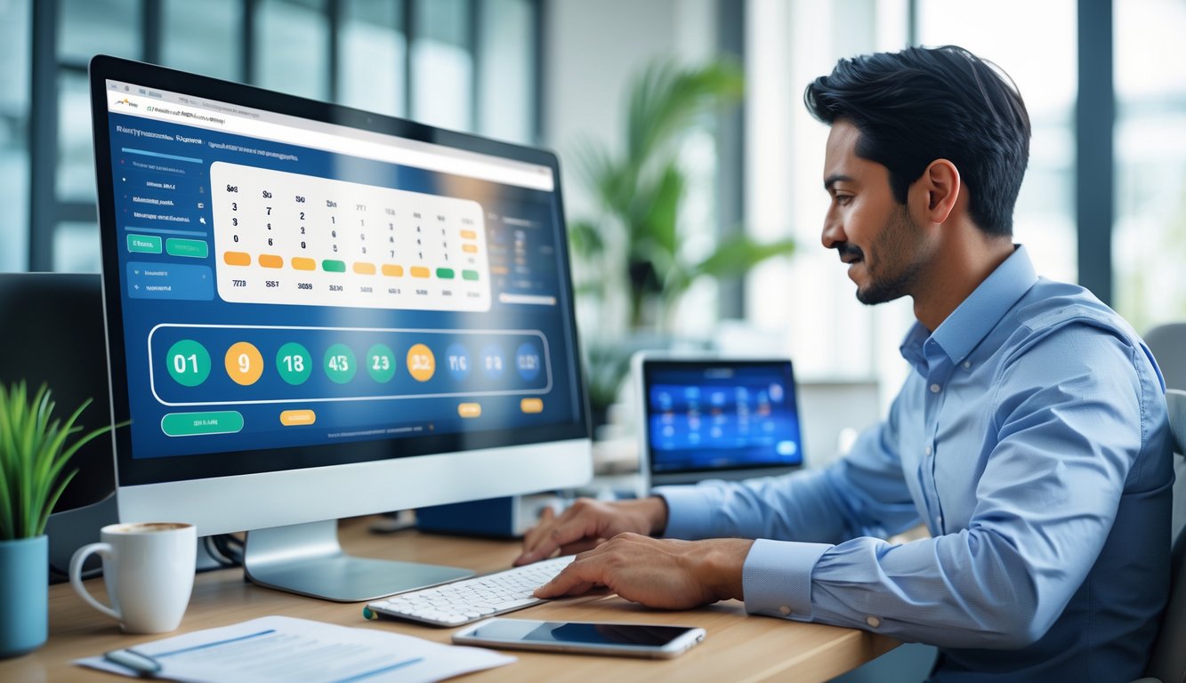 Seorang profesional sedang menggunakan komputer di ruang kantor yang rapi dengan tampilan antarmuka lotere digital di layar.