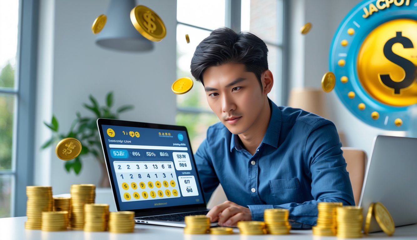 Seorang pria muda duduk di meja dengan laptop, menganalisis data angka dan dikelilingi oleh simbol hadiah besar seperti koin emas dan tumpukan uang.