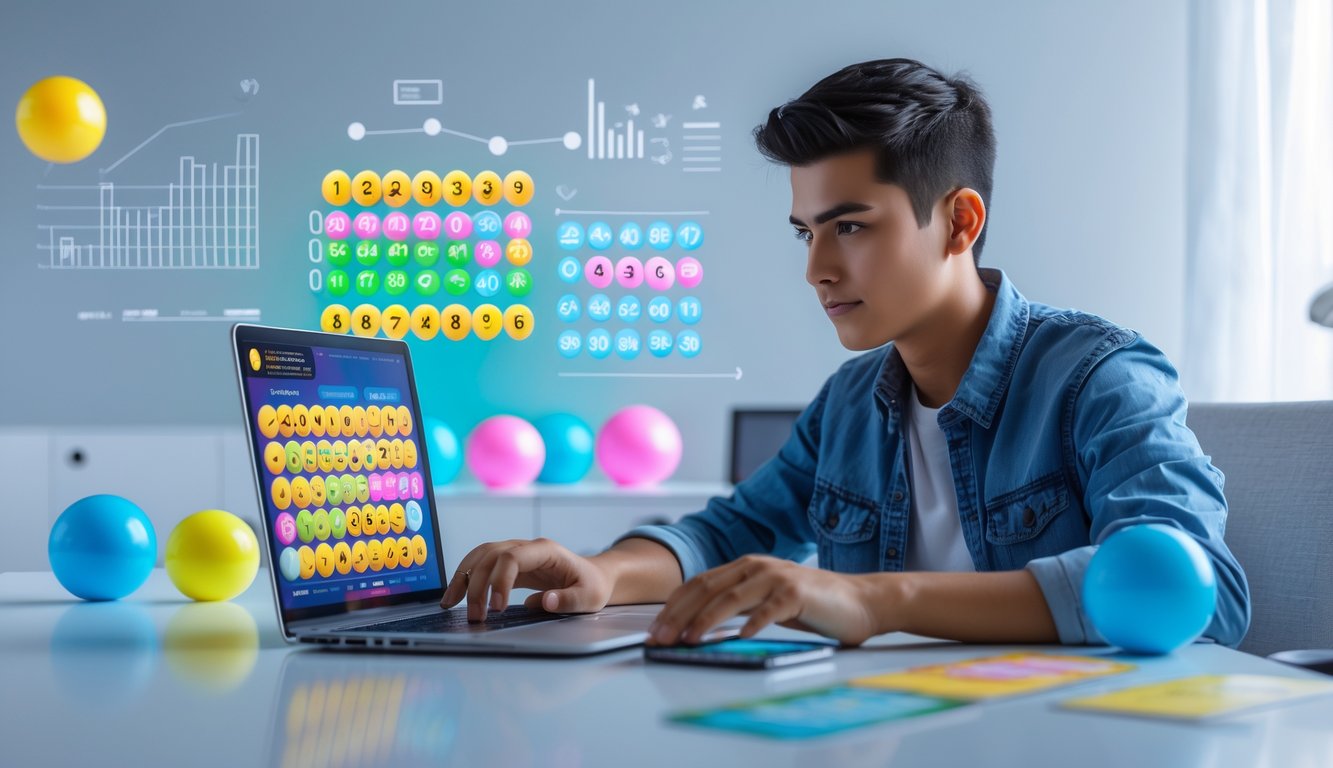 Seorang dewasa muda duduk di meja dengan laptop dan ponsel yang menampilkan angka lotre dan grafik, menunjukkan fokus dan strategi bermain togel online.