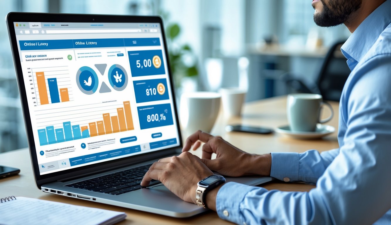 Seseorang sedang duduk di meja kerja dengan laptop yang menampilkan grafik dan ikon terkait situs togel online, di ruang kantor yang rapi dan terang.