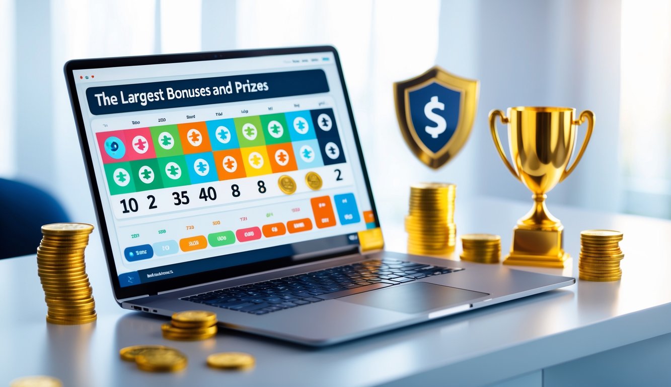 Seorang pria menggunakan laptop di meja modern dengan tampilan antarmuka lotere online dan simbol hadiah serta keamanan di sekitarnya.