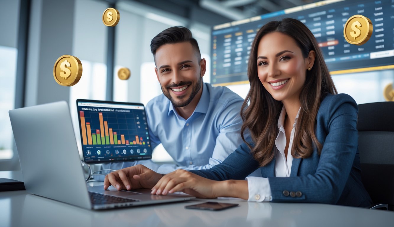 Dua orang profesional sedang duduk di meja kantor modern, melihat laptop dengan grafik dan angka terkait lotere online, menunjukkan suasana kerja yang percaya diri dan kolaboratif.