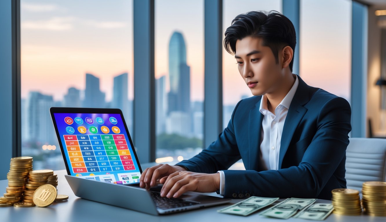 Seorang pria muda duduk di meja kantor dengan laptop, dikelilingi tumpukan uang dan koin emas, menunjukkan suasana bermain togel online dengan peluang jackpot tinggi.