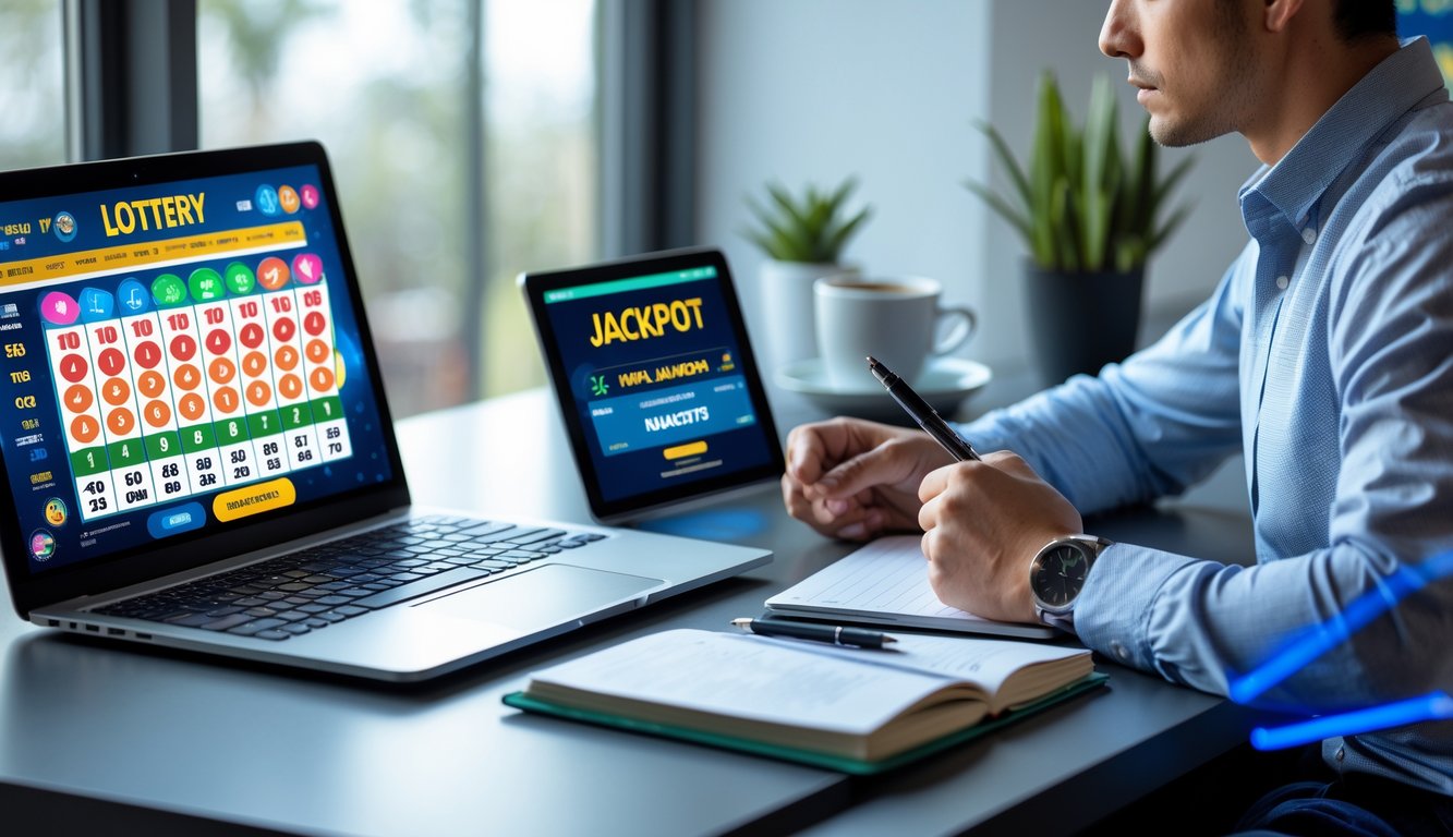 Seorang pria muda duduk di meja kerja dengan laptop, ponsel, dan tablet yang menampilkan angka togel, tampak fokus dan menganalisis data dalam suasana yang tenang dan terang.