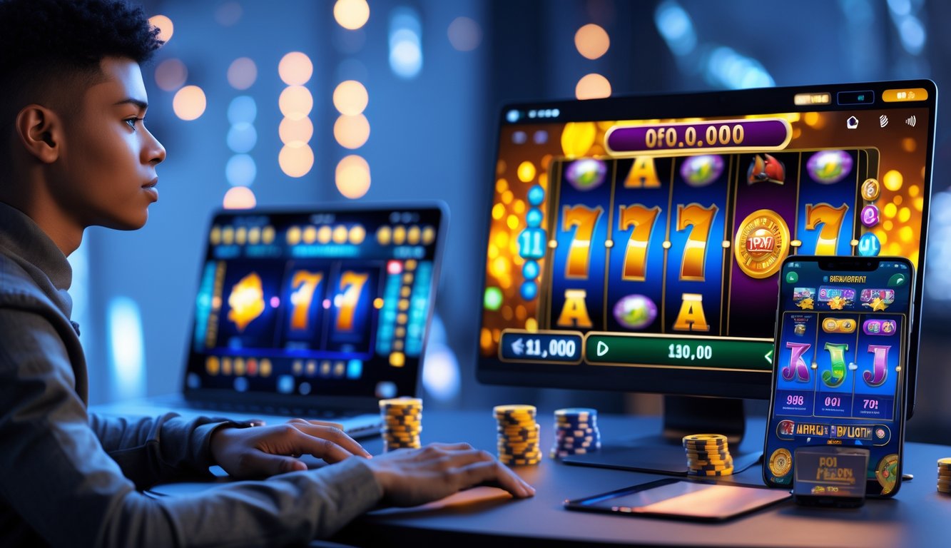 Seseorang duduk di depan laptop dan ponsel yang menampilkan permainan slot online dengan suasana modern dan pencahayaan hangat.
