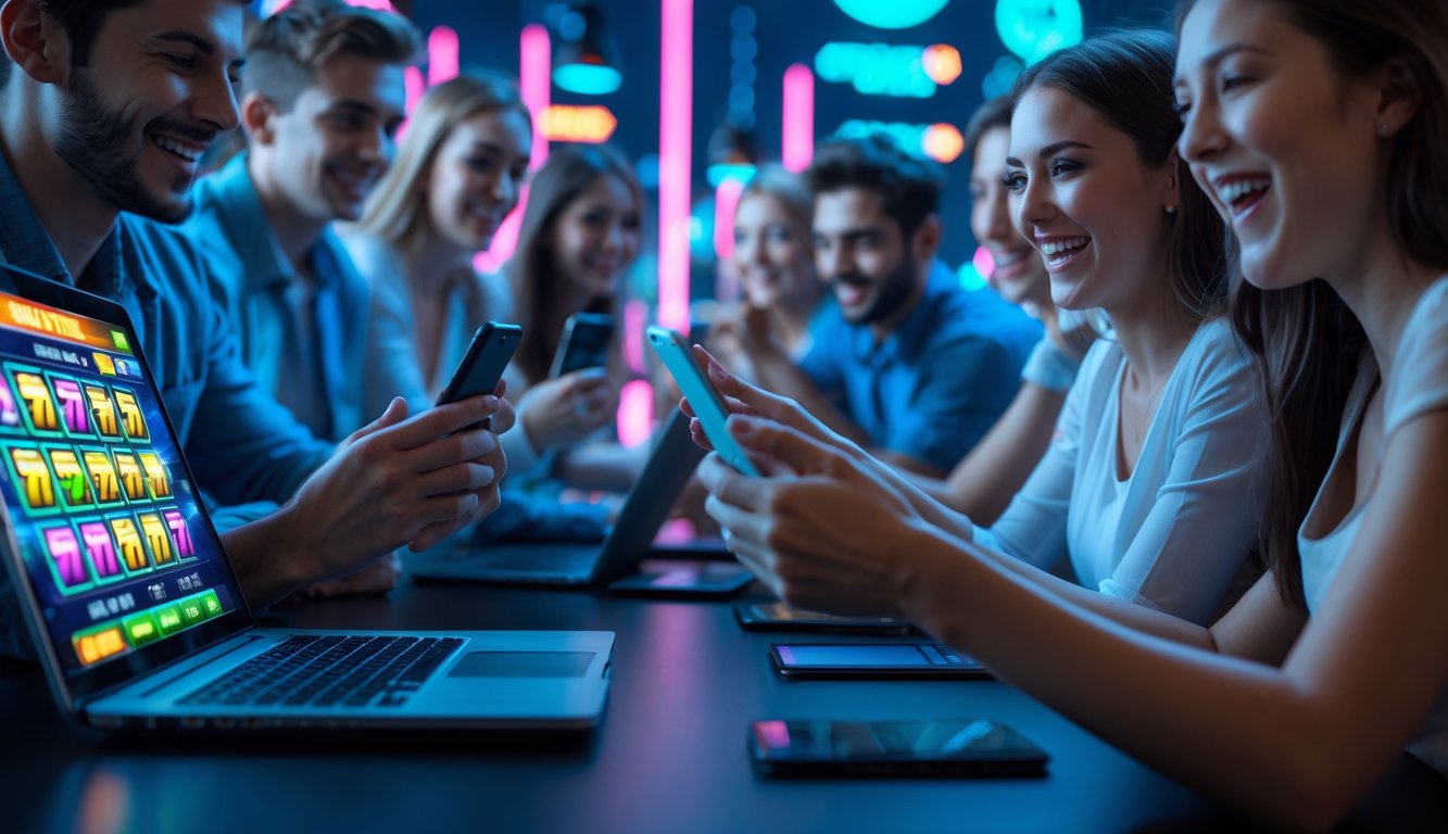 Beberapa orang muda menggunakan ponsel dan laptop untuk bermain permainan slot online dengan ekspresi senang dan antusias.