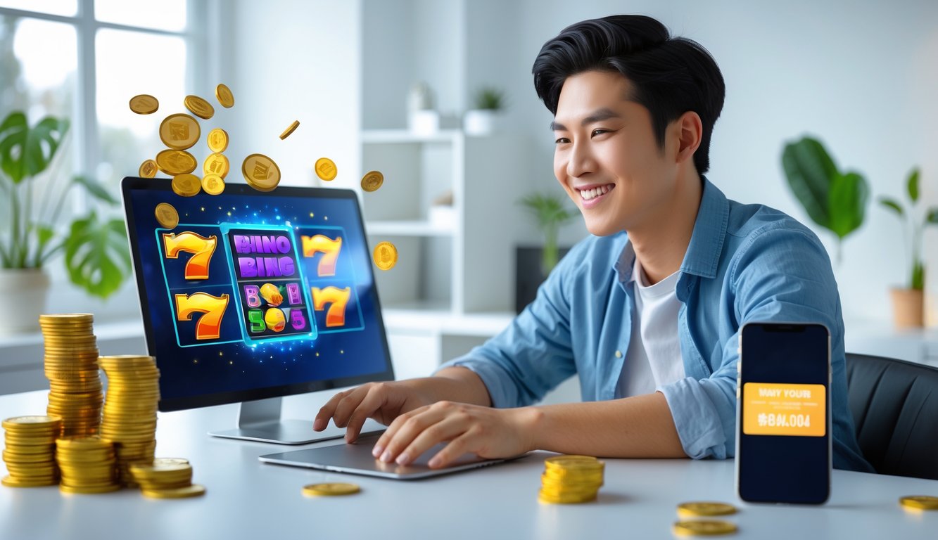 Seorang pria muda duduk di meja dengan laptop yang menampilkan permainan slot online, dikelilingi oleh koin dan chip kasino, menunjukkan suasana kemenangan dan klaim bonus.