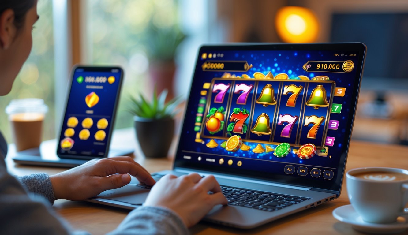 Seseorang bermain permainan slot online di laptop dengan layar menampilkan mesin slot berwarna-warni di meja kerja yang nyaman.
